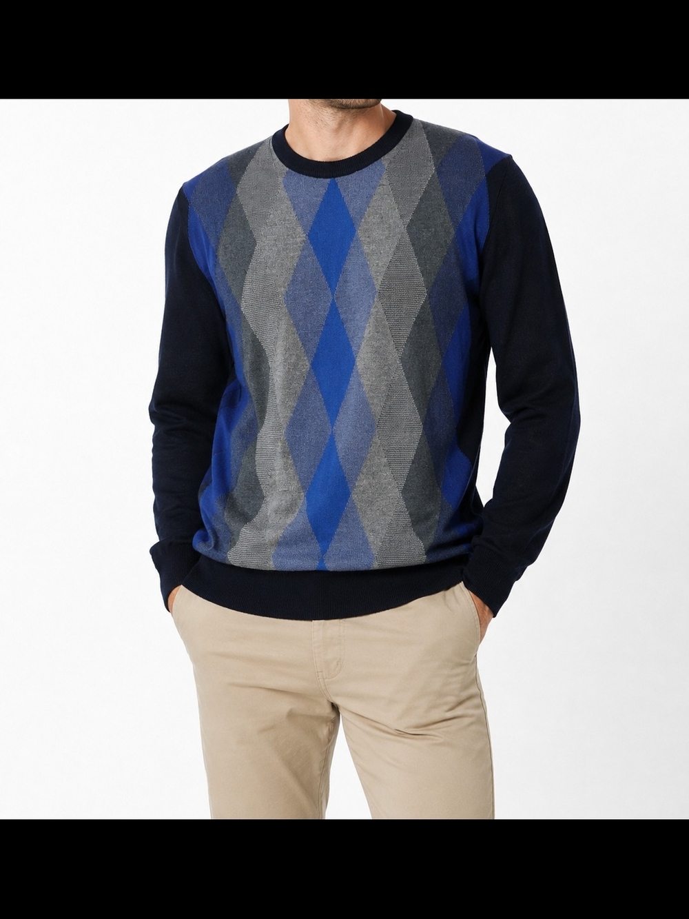 Montechiaro Italian Merino Wool Argyle Sweater Size L Blue Gray